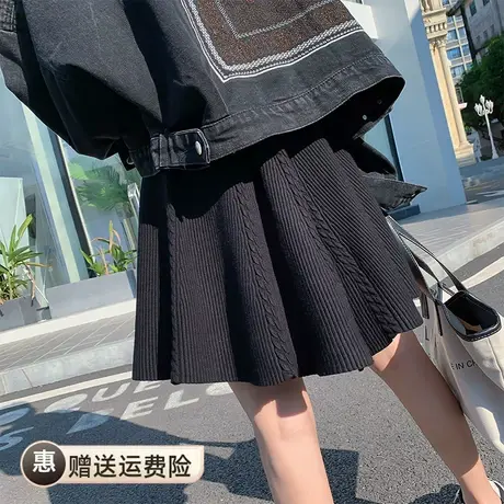 2023秋冬新款黑色高腰显瘦针织半身裙子女小个子a字百褶短裙外穿图片