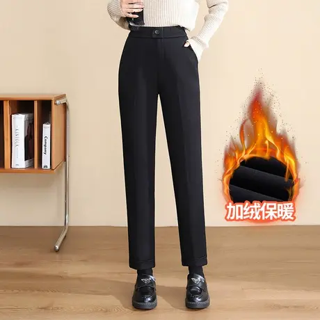 黑色加绒小西裤女2023年秋冬新款高腰显瘦小脚直筒裤时尚烟管裤厚商品大图