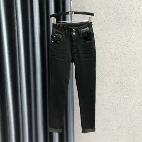 欧货个性贴布铅笔裤女冬季新款黑色加绒加厚洋气百搭紧身牛仔长裤商品大图