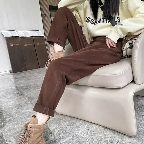 咖啡色加绒牛仔裤女秋冬季2024年新款高腰直筒宽松显瘦哈伦老爹裤商品大图