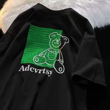 美式潮牌小熊印花短袖男生ins潮流上衣原宿bf风宽松情侣T恤女半袖图片