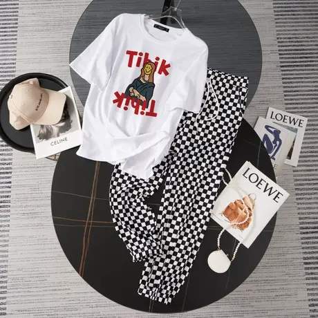 纯棉运动服套装跑步女夏季宽松短袖长裤小个子网红炸街休闲两件套商品大图