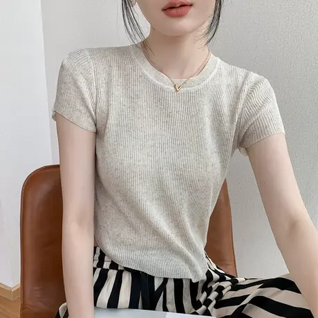 冰丝短袖T恤女夏韩版修身简约圆领正肩收腰显瘦内搭针织上衣薄款商品大图