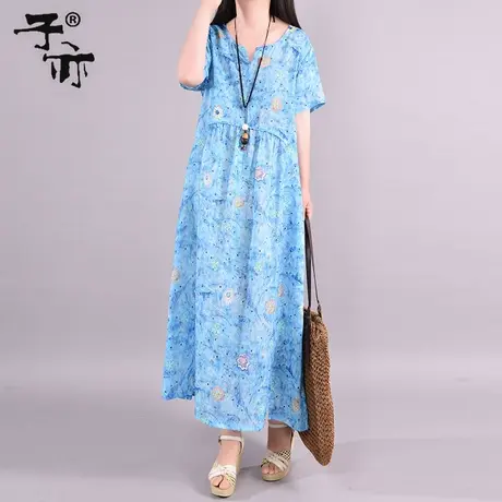 子亦夏季新品民族风纯苎麻印花连衣裙休闲文艺小V领拼接裙子图片