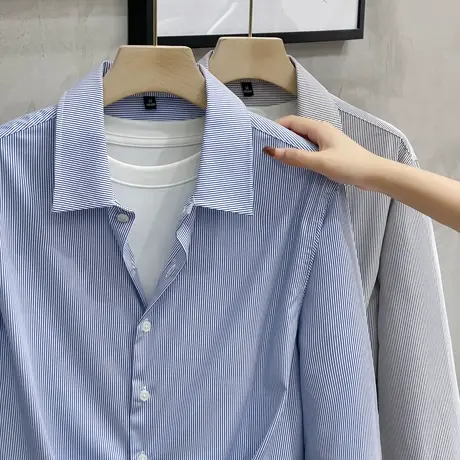 竖条纹长袖衬衫男士春秋季新款免烫日系商务寸衫宽松休闲衬衣外套商品大图
