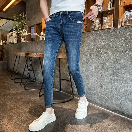 2023夏季蓝色简约猫爪修身牛仔裤男潮韩版小脚九分裤弹力铅笔裤子图片