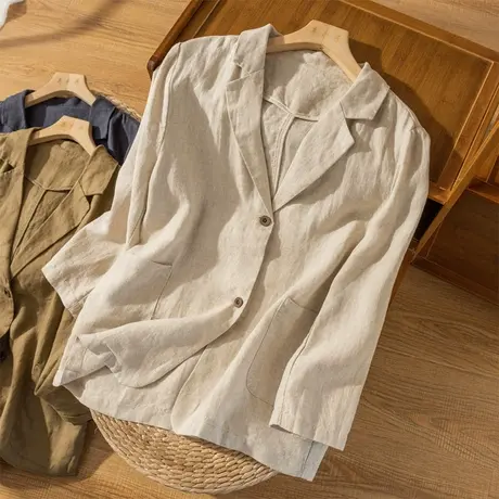 休闲亚麻小西服女士外套长袖薄款短款棉麻小西装春秋2024秋季新款商品大图