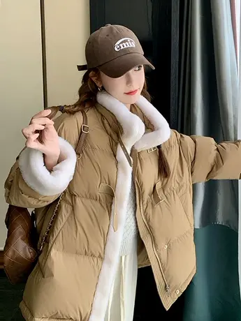 冬季新款羊羔毛拼接立领羽绒服外套女韩版宽松短款小个子加厚保暖图片