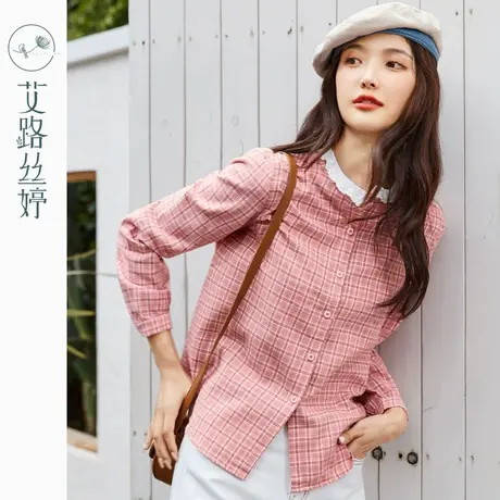 艾路丝婷格子长袖衬衫女2021秋装新款宽松娃娃领上衣复古休闲衬衣图片