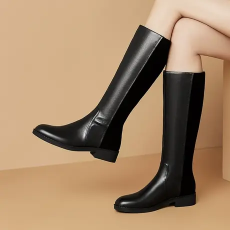 新款拼接头层牛皮磨砂羊皮软面软皮长靴女中跟耐磨防滑底百搭靴子图片