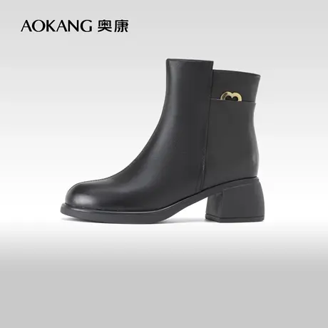 奥康女鞋 冬季新款简约时尚经典短靴加绒黑色干练时装靴商品大图