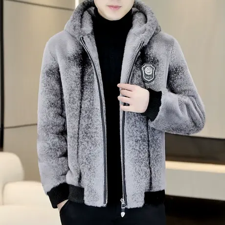 高档皮草外套男士冬季金貂绒皮毛一体连帽防寒保暖水貂毛夹克大衣商品大图