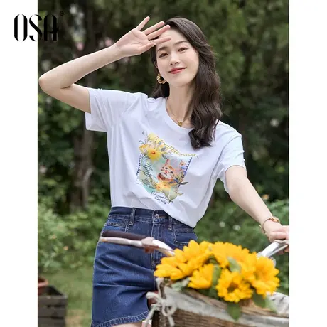 OSA欧莎经典舒适白色猫咪印花宽松短袖t恤女夏装2023新款上衣薄款图片
