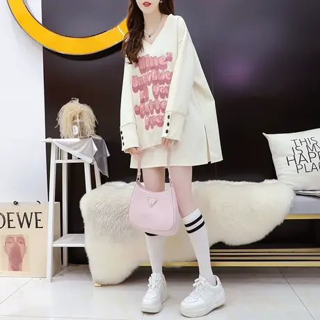 慵懒风V领卫衣女中长款2024新款春季洋气减龄宽松设计感网红上衣图片