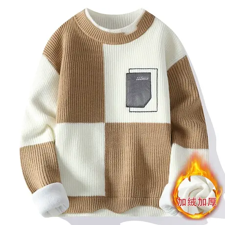 假两件毛衣男冬季加绒加厚潮撞色圆领针织衫男宽松慵懒风毛衫外套图片