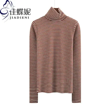 秋冬新款韩版高领修身保暖显瘦撞色条纹长袖体恤上衣女打底衫商品大图
