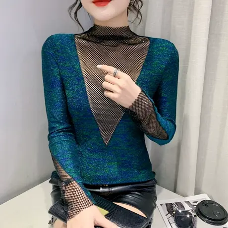 性感镂空打底衫女长袖时尚重工烫钻T恤潮内搭修身半高领上衣春装商品大图