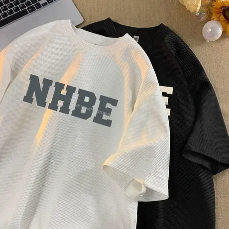 华夫格夏季短袖t恤男ins潮流美式发泡内搭打底衫宽松休闲半袖体恤商品大图