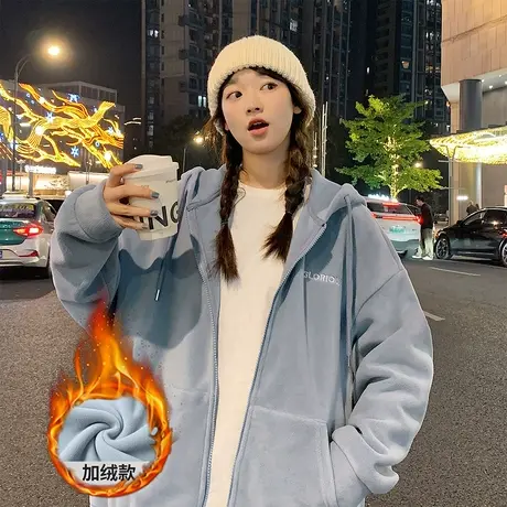 唐狮加绒加厚卫衣外套女2023年秋冬季新款连帽拉链开衫奥利绒上衣图片