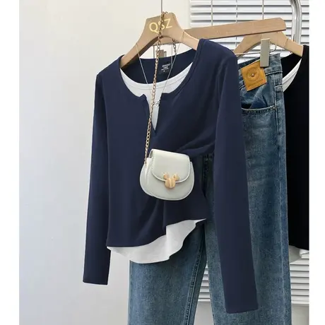 假两件内搭打底衫女2024春季韩版新款时尚洋气别致撞色宽松上衣潮商品大图