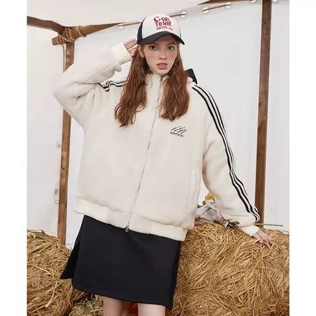 a022023冬季新款侧边织带设计立领防羊羔毛外套休闲宽松女式棉衣图片