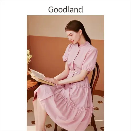 【玫瑰诗行】Goodland美地女装2023夏季泡泡袖粉色衬衫连衣裙图片