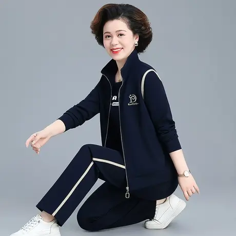 直筒裤休闲运动服套装女春秋2024年新款中老年妈妈舒适棉质三件套商品大图