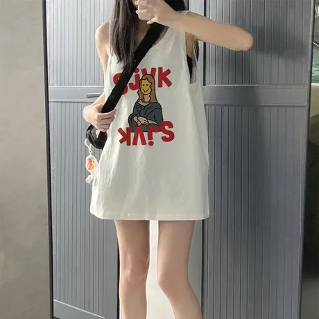 重磅纯棉吊带背心女夏季运动外穿宽松中长款小个子无袖t恤上衣ins商品大图