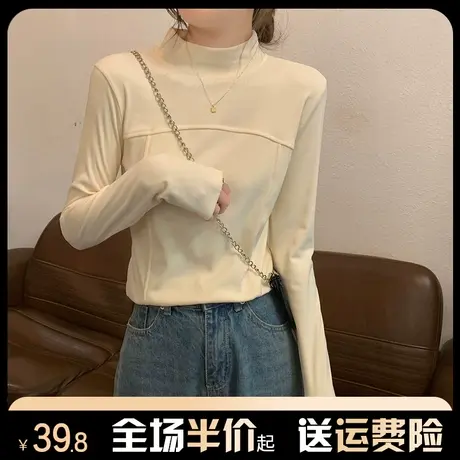 半高领磨毛德绒打底衫女秋冬内搭保暖长袖t恤百搭鱼骨设计感上衣商品大图