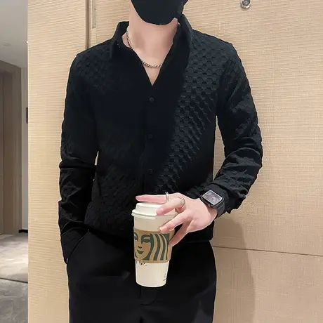 春秋季时尚休闲潮牌个性韩版修身发型师肌理感衬衣轻熟风格子衬衫商品大图