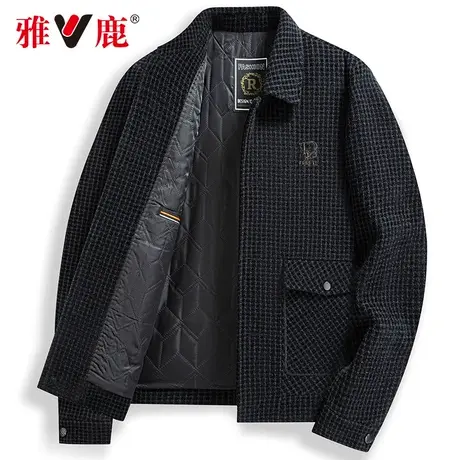 雅鹿男士秋冬毛呢夹克格子翻领夹棉加厚中年男士冬季工装保暖外套商品大图