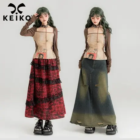 KEIKO 美式复古方领长袖t恤女2024春夏辣妹涂鸦印花修身显瘦上衣图片