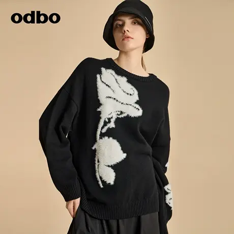 odbo/欧迪比欧原创设计感提花毛衣女秋冬2023新款保暖外穿针织衫图片