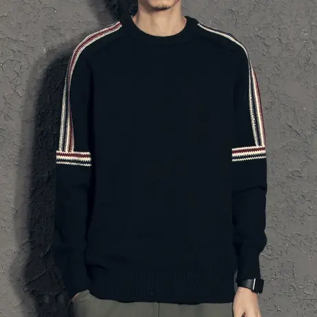 拼色织带毛衣男秋冬加厚冬季2022年新款修身韩版潮流个性针织衫男图片