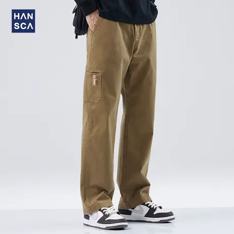 hansca日系工装裤男潮牌秋季直筒宽松弹力大码纯色多口袋休闲长裤商品大图