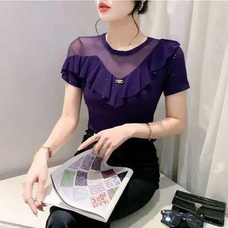 欧货性感网纱T恤女短袖时尚设计感圆领烫金上衣气质荷叶边打底衫商品大图