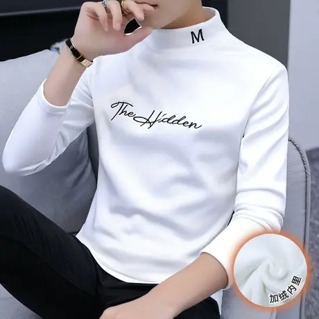 2023新款秋冬长袖t恤男士半高领打底衫加绒加厚上衣潮流中领卫衣商品大图