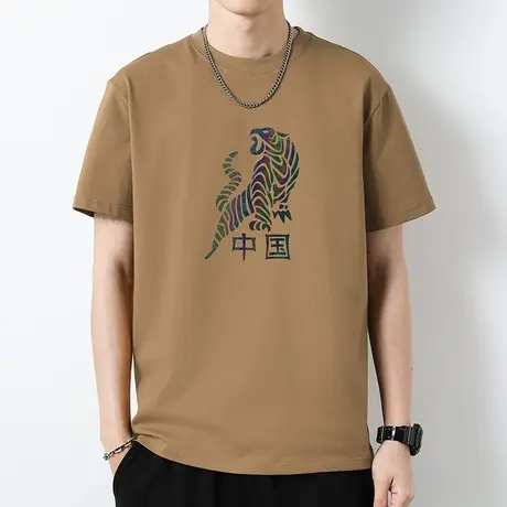 重磅纯棉短袖t恤男装国潮老虎印花圆领上衣服液氨长绒棉全棉半袖商品大图
