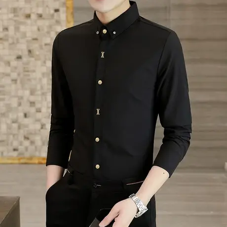 衬衫长袖男士休闲上衣黑色衬衣西装打底修身韩版潮牌潮流春秋季帅商品大图