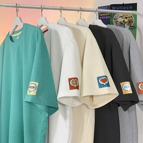 华夫格夏季薄款短袖t恤男ins潮牌半袖港风男装上衣服宽松打底体恤商品大图