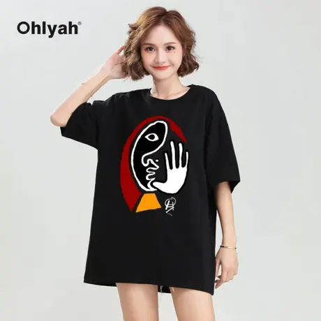 Ohlyah品牌 t恤短袖女日系卡通涂鸦印花圆领oversize黑色学生上衣商品大图