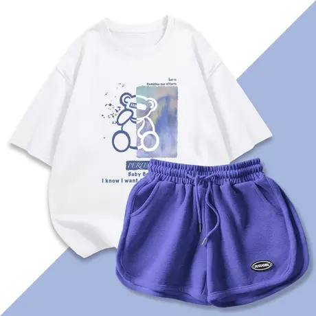 白色运动套装女夏2023年新款时尚百搭短袖t恤蓝色短裤体恤两件套图片