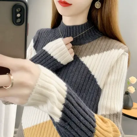 秋装女2023年新款半高领方块拼色套头针织打底衫女士毛衣内搭加厚商品大图