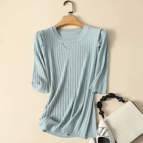 春夏2023年新款中袖冰丝针织打底衫女薄款内搭五分袖上衣短袖t恤商品大图