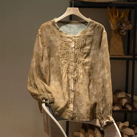 享永子碎花苎麻衬衫女文艺复古琴褶宽松显瘦棉麻上衣2023春夏新款商品大图