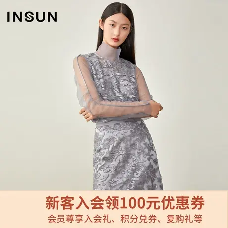 恩裳春季网纱高领长袖亮片蕾丝绣花上衣衬衫女设计感小众图片