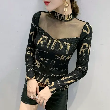 加绒打底衫女秋冬半高领紧身内搭长袖T恤性感镂空小衫网纱上衣潮商品大图