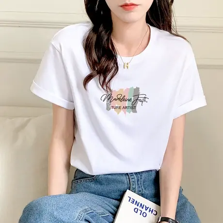 白色短袖t恤女薄款2023年夏季新款宽松大码纯棉半袖正肩体恤上衣商品大图