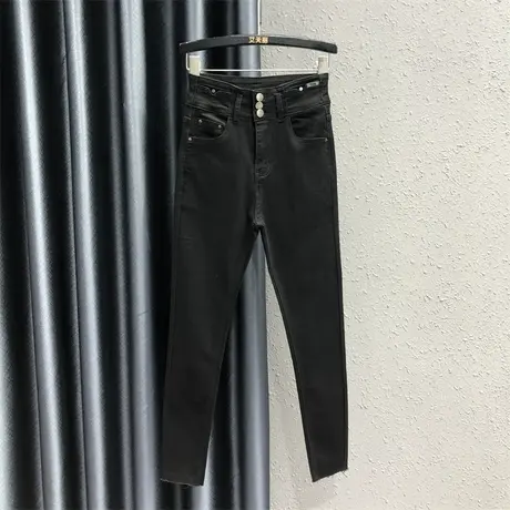 2023秋季新款时尚紧身小脚铅笔裤女三粒扣弹力显瘦黑色牛仔九分裤图片