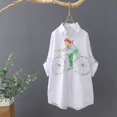 秋装2023新款韩范印花纯棉白衬衫女长袖宽松学院风打底衫衬衣上衣图片